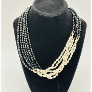 Multi Strand Freshwater Pearl Necklace Black Bead Silver Clasp Statement